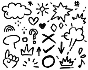 Doodle texture ink and brush lines, hearts, stars and other icons vector hand drawn simple cute set