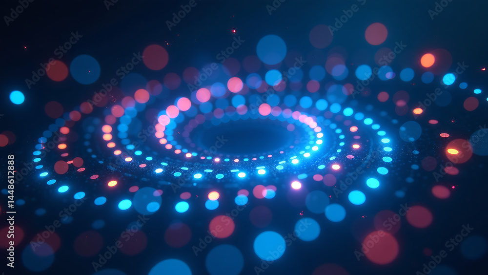 Poster swirling vortex dots dances across dark gradient blue background ethereal glow illuminating surround