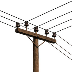 Vintage wooden utility pole structure supporting a network of dark electrical wires and old ceramic insulators.