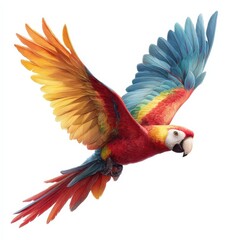 Fototapeta premium Scarlet Macaw in Flight Vibrant Tropical Bird Wings Spread Open Exotic Wildlife Detailed Illustration