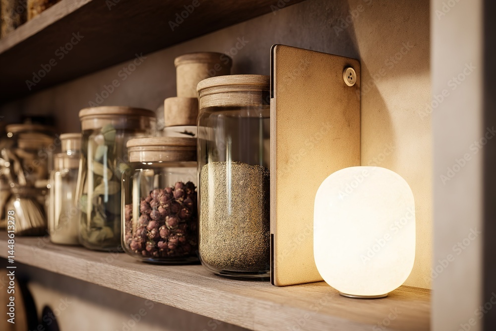 Poster kitchen shelf displaying jars of spices and herbs with a stylish night light in a modern design sett