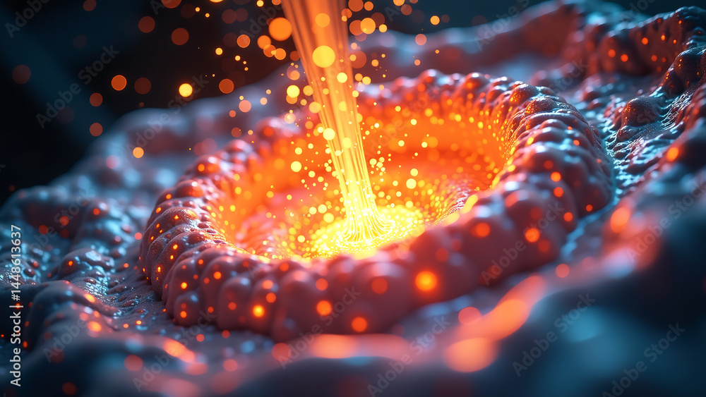 Poster vibrant dynamic shot captures swirling iridescent vortex luminescent particles erupting upward centr