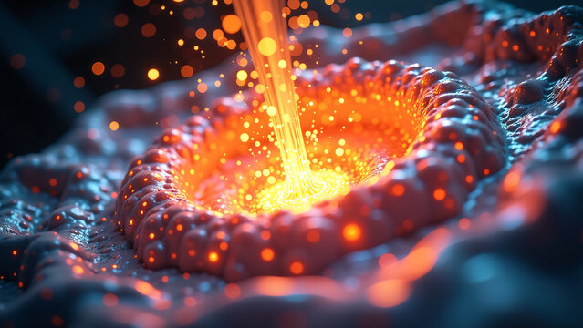 vibrant dynamic shot captures swirling iridescent vortex luminescent particles erupting upward central axis illuminated warm