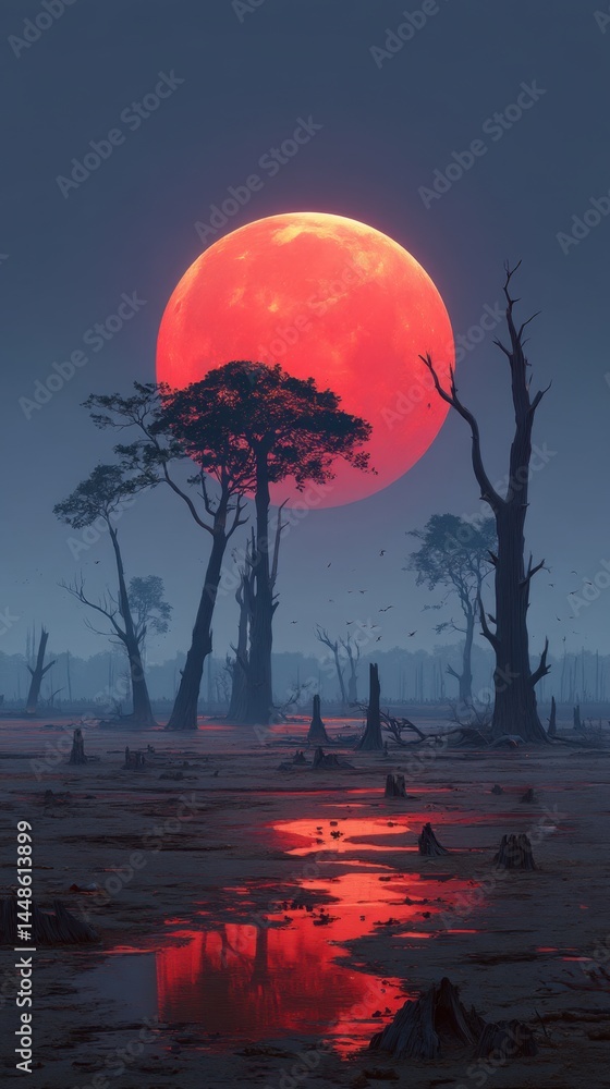 Poster eerie landscape with red moon over swamp reflecting on water surface creating a mysterious atmospher