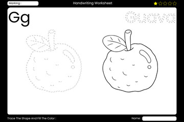  Learning: Trace Letter G. Juicy Guava Coloring Page for Kids. Printable Vocabulary Builder. Educational Vector Worksheet