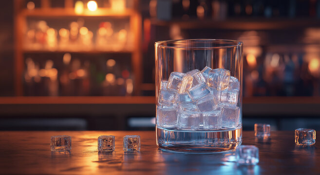 Clear glass with ice cubes on bar counter with cinematic lighting