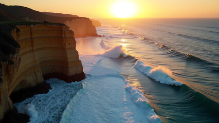 aerial drone shot rugged portuguese coastline sunrise capturing dramatic wave crashes shoreline warm golden light