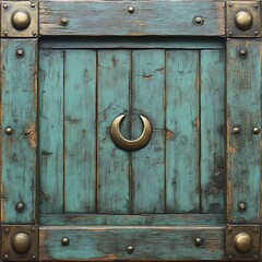 A weathered teal wooden door with a crescent shaped handle