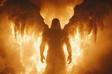 A powerful winged humanoid creature engulfed within an inferno of fire