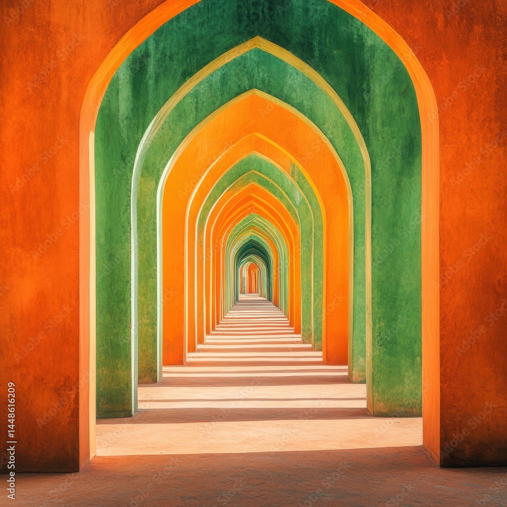 Aufkleber symmetrical archway perspective with vibrant orange and green hues creating a sense of depth and arc