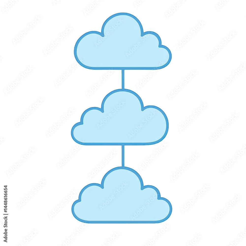 Poster illustrative vertical arrangement of three linked blue cloud shapes, representing interconnected dat