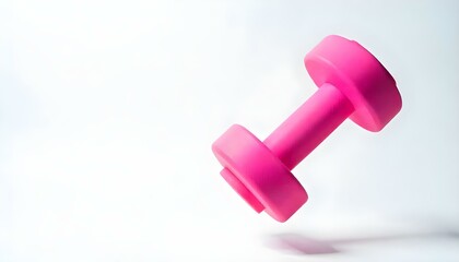pink bright dumbbells flying in air on white background with copy space