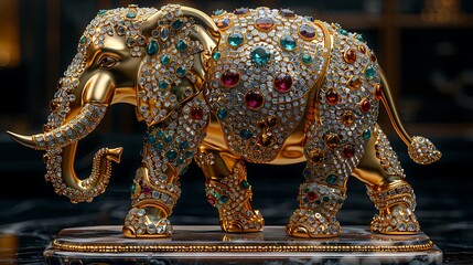 Ornate elephant sculpture crafted in gold with multicolored jewel embellishments high resolution photo