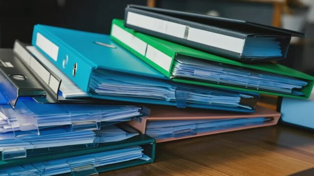  A stack of colorful file folders overflowing with papers sits on a wooden surface The folders are various colors inc