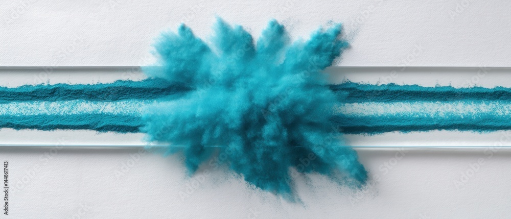 Poster turquoise powder explosion on white textured background with transparent glass creating a dynamic an