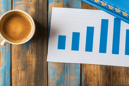 Business Report with Bar Chart and Coffee Cup on Rustic Wooden Desk