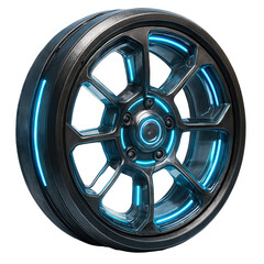 Obraz premium Sleek metallic performance wheel illuminated by vibrant blue neon lighting, showcasing a futuristic design.