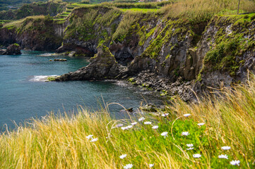 View of Atlantic ocean coastline of Faial Island, Azores, Portugal. Rocks and sea. Nature, landscape photography at cloudy day. Landscape nature photography