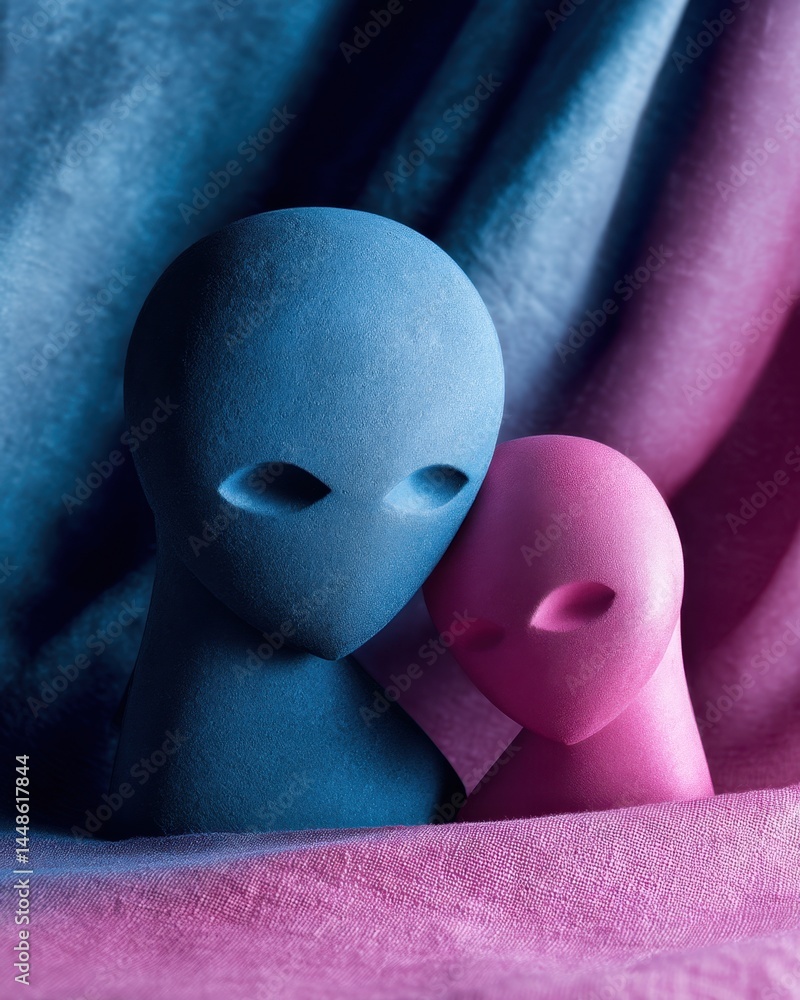 Poster abstract alien forms in blue and pink hues embracing against a textured fabric backdrop creating a s