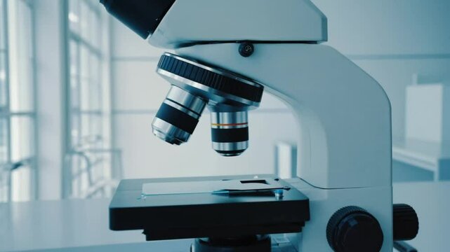  Close-up of a modern light microscope in a bright laboratory setting The microscope's optical components and stage are