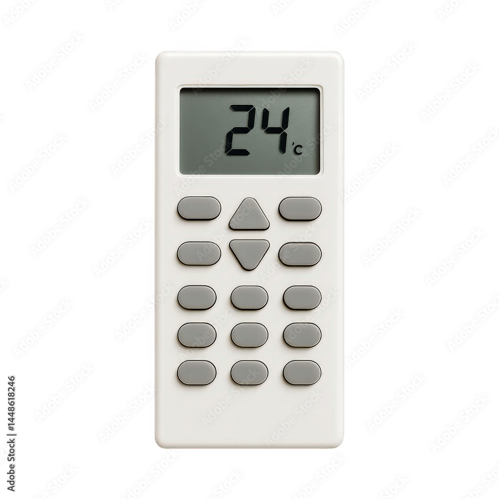 Poster closeup view of a white electronic air conditioner remote control featuring a digital display and mu