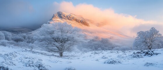 Fototapeta premium Snow-covered mountain peak with frost-covered trees and fog, under a pink and blue sky at sunrise.