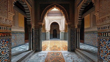 Obraz premium Intricate Moroccan courtyard architecture with detailed tilework.