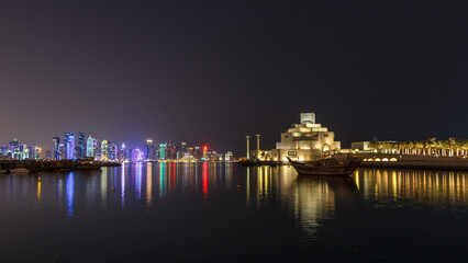 Beautiful Museum of Islamic Art night timelapse hyperlapse in Doha, Qatar.