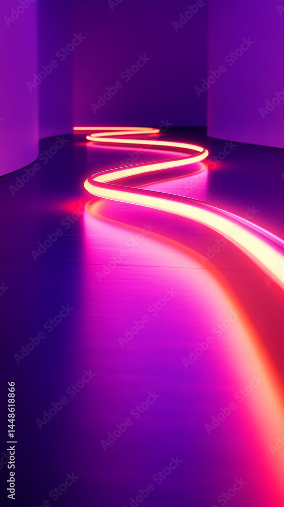 Poster pink and yellow neon light trail curves across a purple floor, creating a dynamic, modern design sho