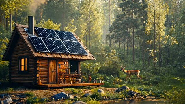 Tiny off-grid cabin with solar panels in a lush forest near a stream.