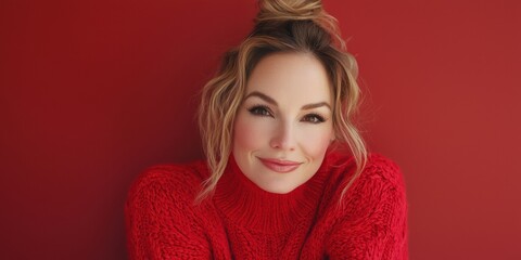 beautiful young woman wearing a red sweater posing in front of a red wall 