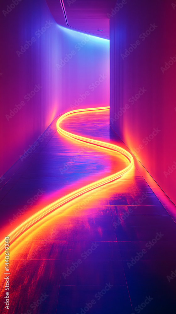 Poster neon light trail curves through a purple and blue hallway, creating a dynamic and vibrant pathway, s