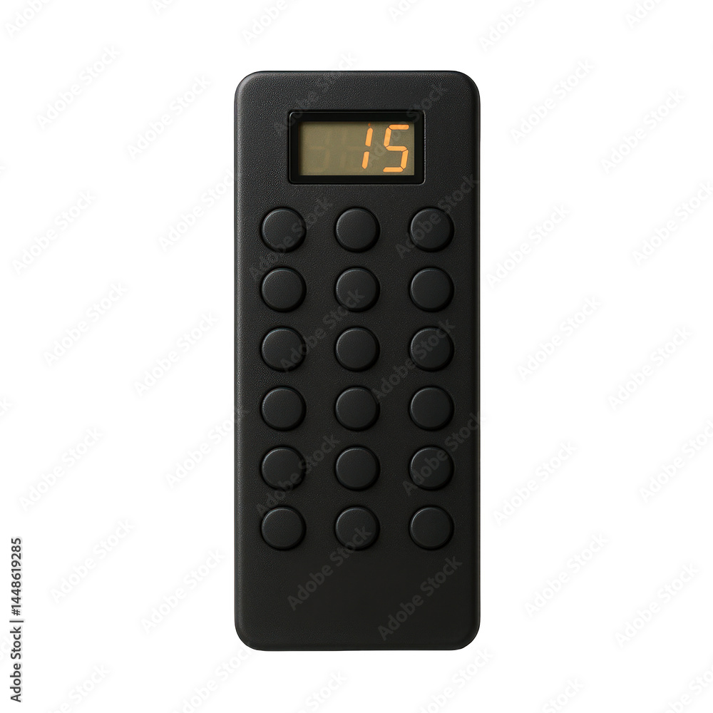 Poster textured black remote control with an orange digital display showing 15 above a symmetrical button l