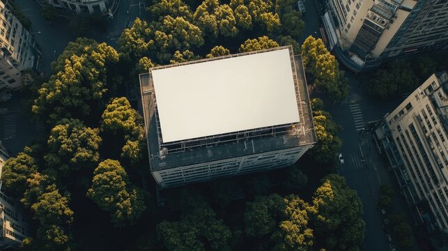 Aerial view of a blank billboard on a building surrounded by trees.