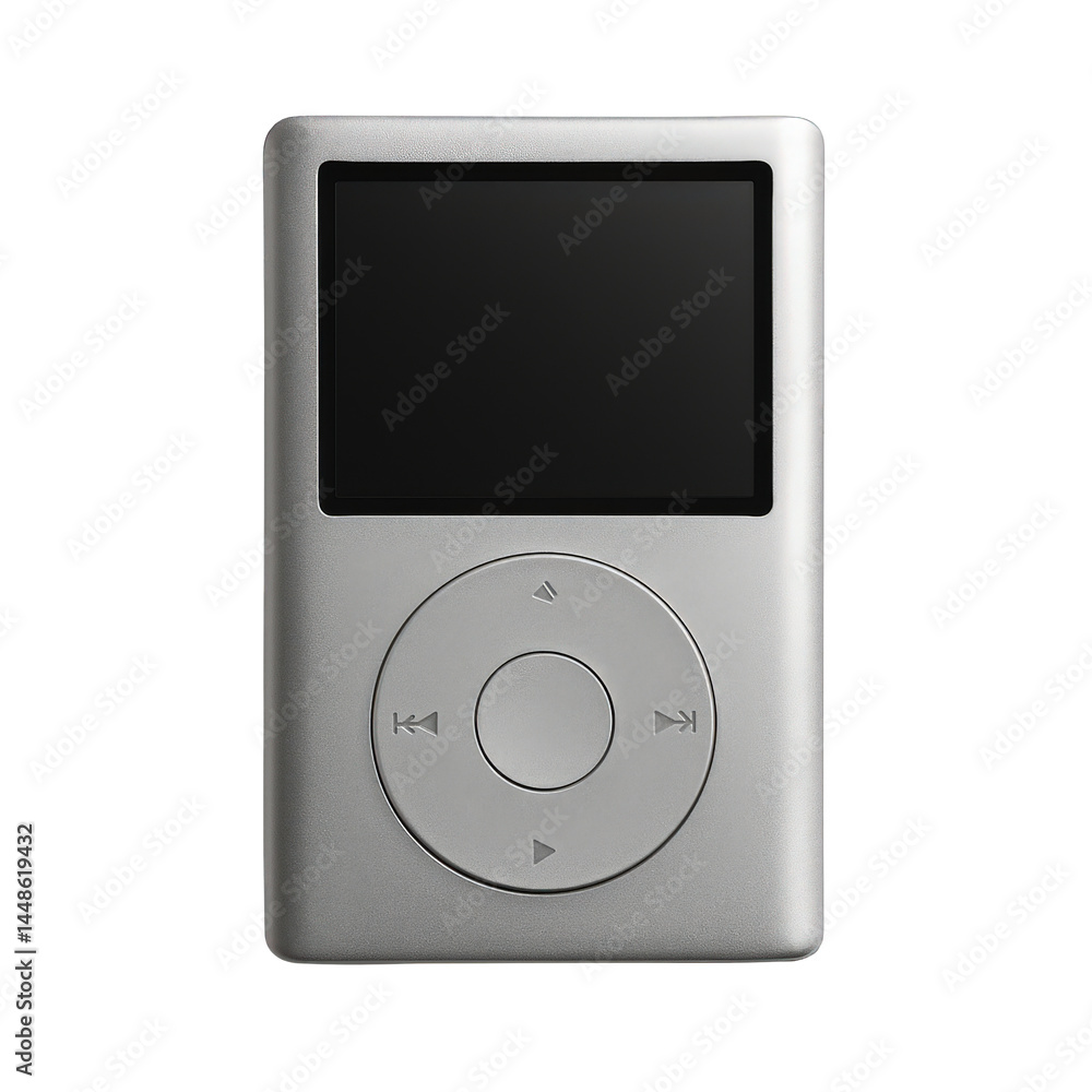 Poster detailed view of a compact silver digital sound player with a prominent black screen and circular bu