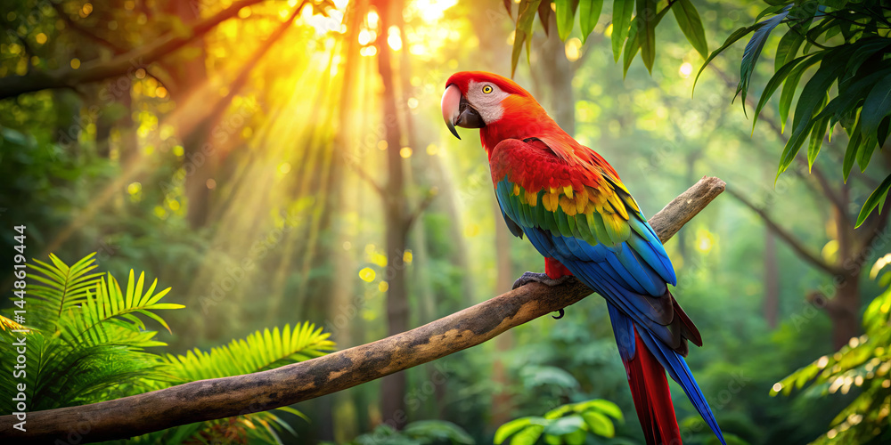 Aufkleber a colorful parrot rests on a tree branch in a dense rainforest. rays of sunlight filter through the 