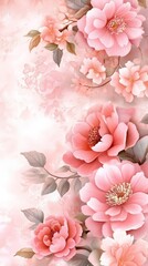 Delicate pink blossoms and foliage against soft pastel background
