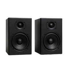 Two sleek black speakers, perfect for delivering high-quality sound in a studio or living space environment.