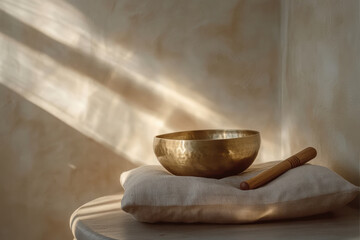 Evoke Tranquility With a Tibetan Singing Bowl Resting on a Soft Cushion in Serene Natural Light