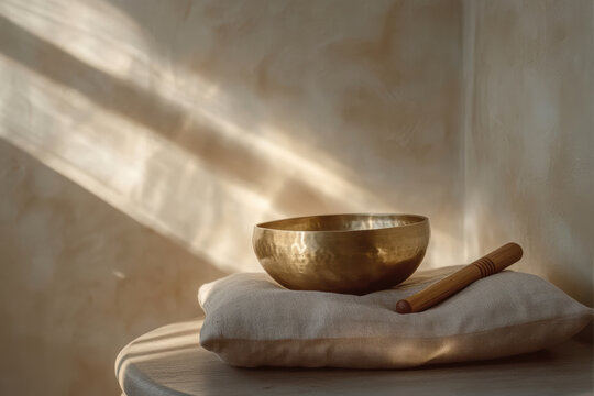 Evoke Tranquility With a Tibetan Singing Bowl Resting on a Soft Cushion in Serene Natural Light