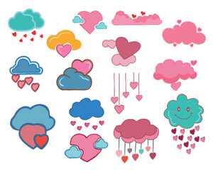 Various colorful clouds and hearts are arranged in a grid. There are clouds in shades of blue, pink, and teal