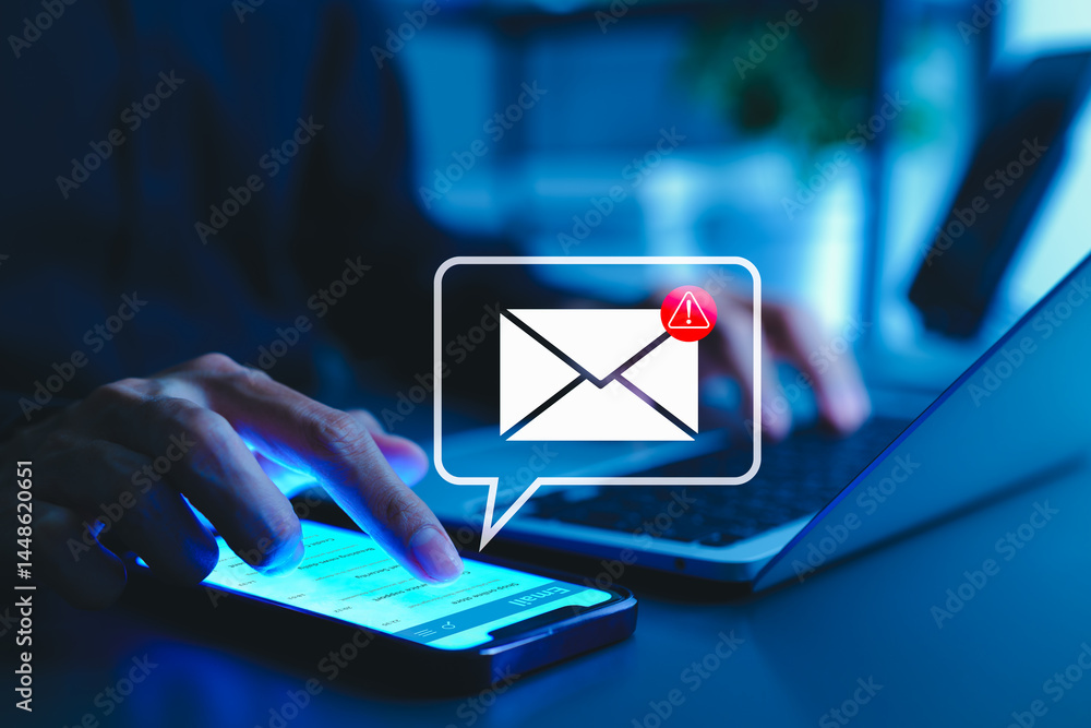 Poster email security warning notification concept. a person using a smartphone with email security alert i