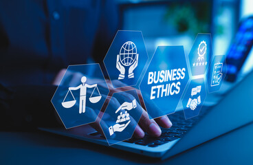 Business Ethics and Corporate Responsibility Concept. A businessman working on laptop with icons...
