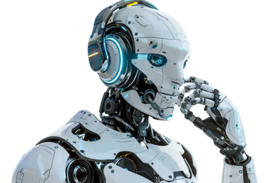 Modern AI robot wearing a communication headset isolated on transparent background