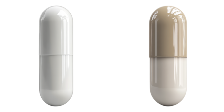 Beige and white medicine capsules isolated on transparent PNG image perfect for pharmaceutical brochures or supplement packaging