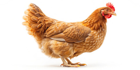 Fototapeta premium A brown hen stands poised, showcasing its rich feathered texture under bright lighting. The bird exhibits a lively disposition typical of backyard poultry, creating a charming farm ambiance