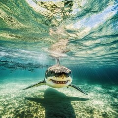 Majestic great white shark swimming gracefully in turquoise ocean water with sun rays and school of fish creating a captivating underwater scene