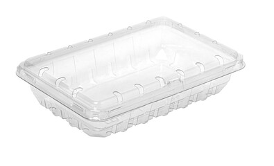 Empty transparent plastic container with lid, retail packaging