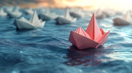 A Pink Paper Boat Leading A Fleet Of White Boats On A Wavy Blue Sea