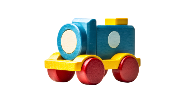 A wooden toy train with yellow wheels and a red nose